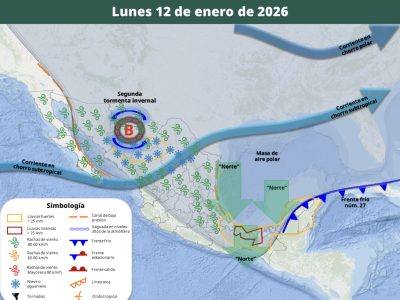 Masa de aire polar cubre el país; frío y lluvias azotarán de lunes a jueves a los siguientes estados
