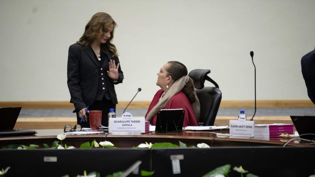 Carla Humphrey y Guadalupe Taddei durante una sesión del INE en junio pasado