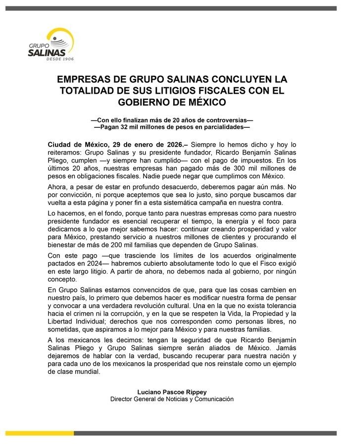 Comunicado de Grupo Salinas sobre pago de más de 32 mil millones de pesos al SAT