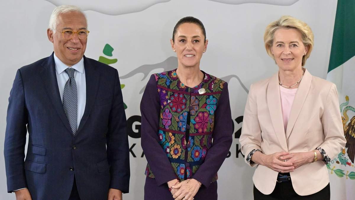El presidente del Consejo Europeo, António Costa, la presidenta Claudia Sheinbaum y la presidenta de la Comisión Europea, Ursula von der Leyen, en la reunión del G7 del 17 de junio de 2025