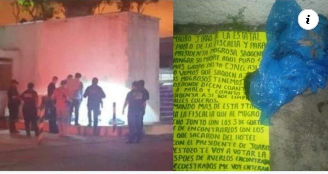 Junto a la bolsa de plástico con las dos cabezas de sexo masculino fue hallada una cartulina amarilla con mensajes dirigidos contra la alcaldesa de Reforma, Yesenia Judith Martínez Dantori