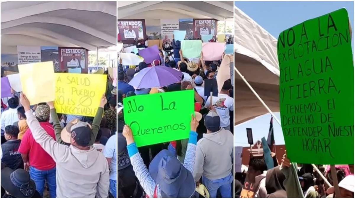 Protesta de pobladores de San José Chiapa en contra del polo economía circular durante un evento del gobernador de Puebla, Alejandro Armenta