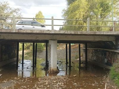 El puente del arroyo Piedritas está deteriorado y solo se sostiene con puntales de hierro