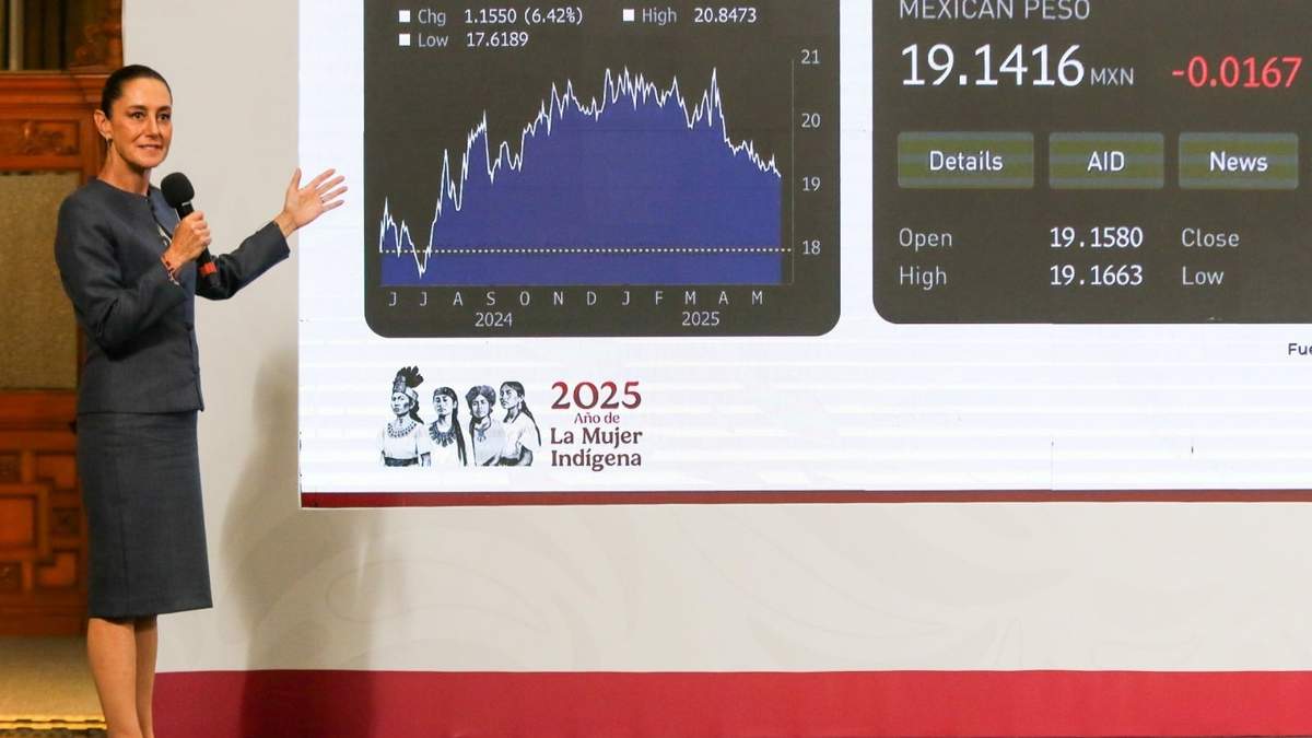 La presidenta Claudia Sheinbaum mostrando una gráfica del tipo de cambio del peso con relación al dólar