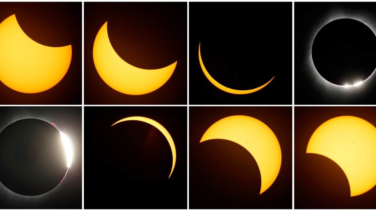 Esta combinación de fotografías muestra el trayecto del sol durante un eclipse total, el lunes 21 de agosto de 2017, cerca de Redmond, Oregon