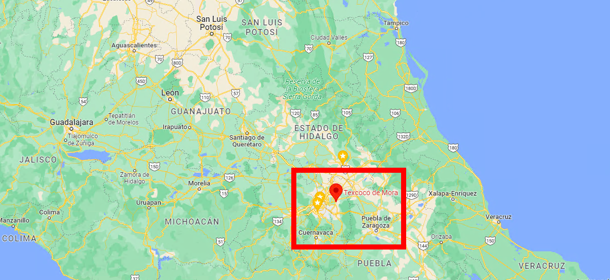 El mapa ubica a Texcoco y zonas aledañas con actividad sísmica importante
