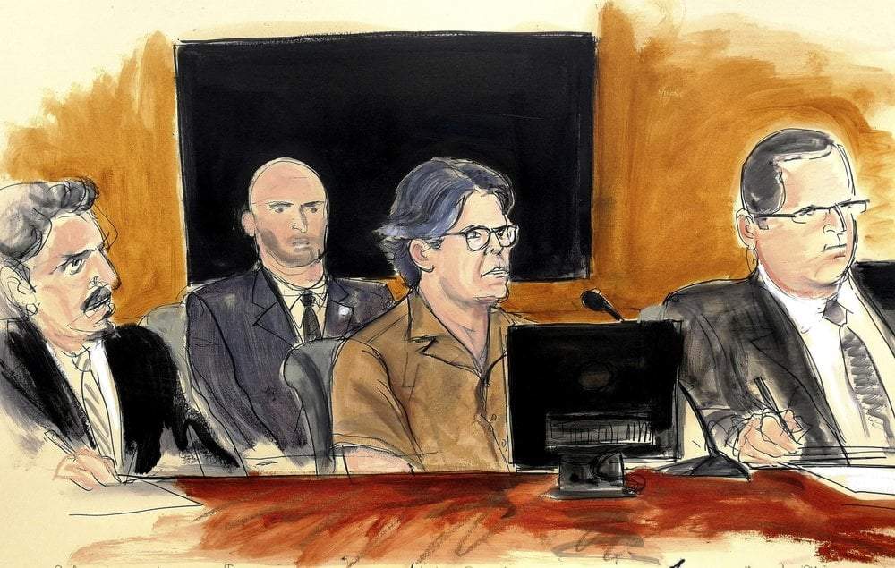 Dibujo de Keith Raniere, líder de la secta NXIVM, durante un juicio en abril de 2018
