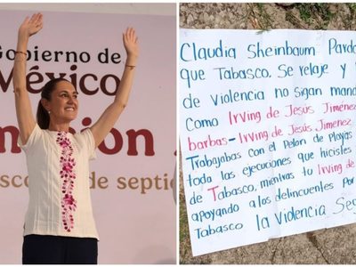 Se registran brotes de violencia y narcomanta durante gira de Sheinbaum por Tabasco
